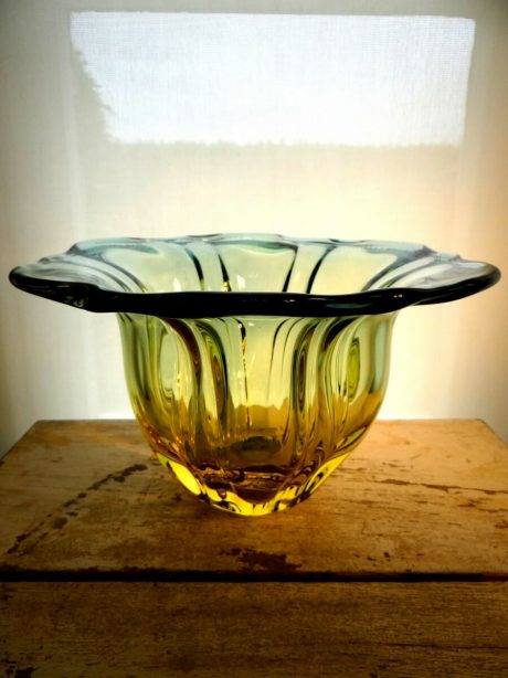Large turquoise to chartreuse Val St Lambert crystal bowl
