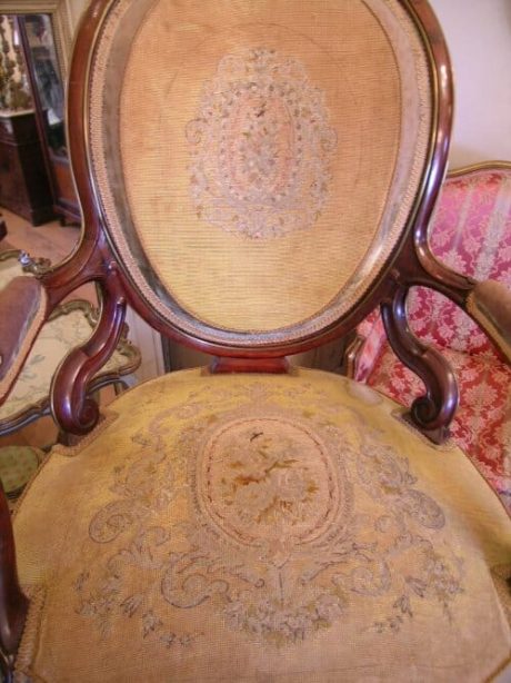 Mahogany tapestry fauteuil with medallion back and brass inlay c.1880