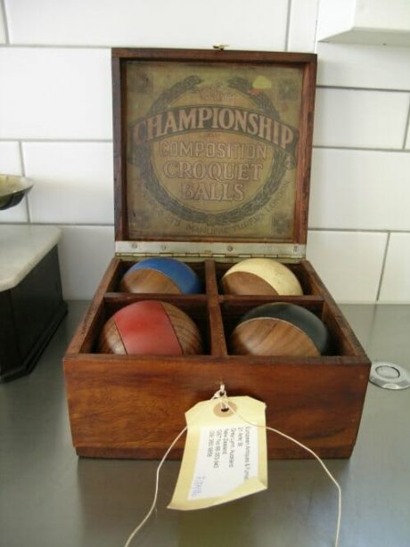 Box of vintage english croquet balls