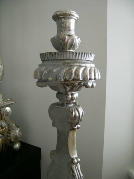 Pair of silvered wooden altar candlesticks