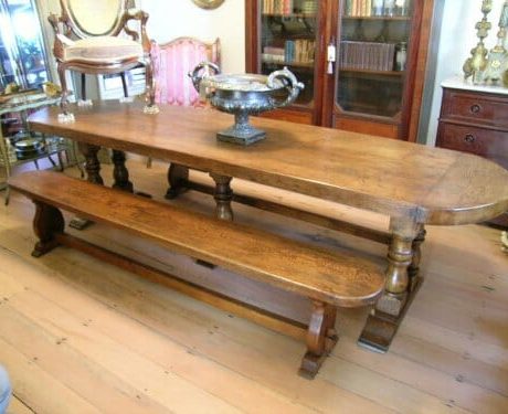 Oak monastery table and forms with pedestal legs c.1900