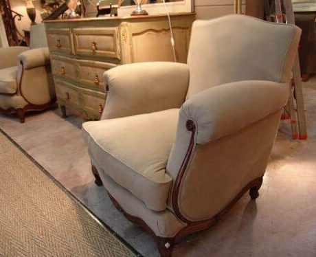 Pair of beechwood bergeres with new linen upholstery