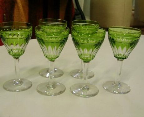 Val St Lambert Belgian olive green crystal glasses