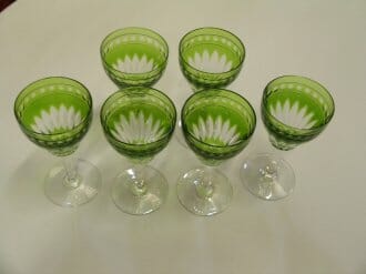 Val St Lambert Belgian olive green crystal glasses