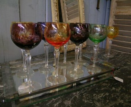 Set of 10 Val St Lambert coloured crystal wine glasses