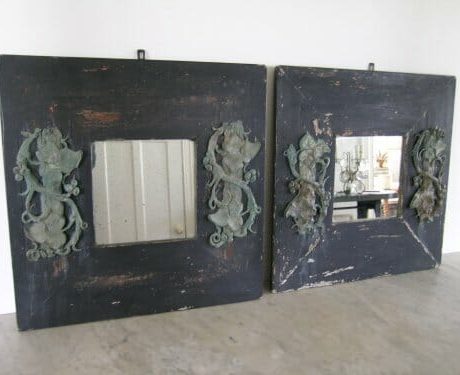 Pair of 1930s Black Pine Mirrors with zinc decoration