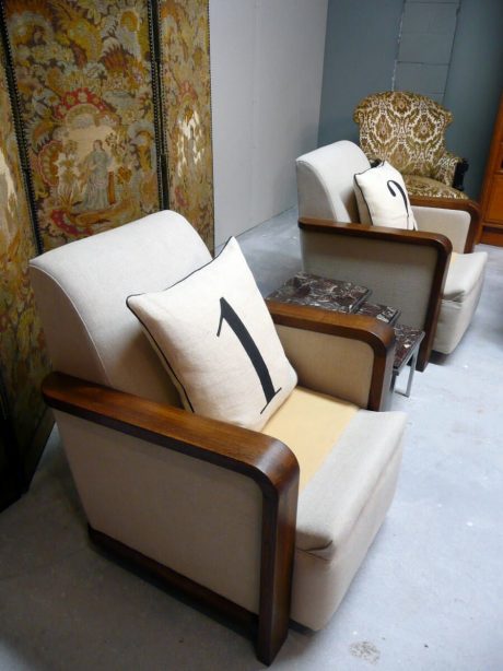 Pair of art deco oak framed chairs partially recovered in linen