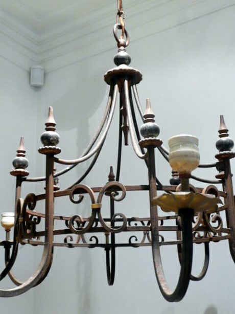 1940s French metal eight arm chandelier