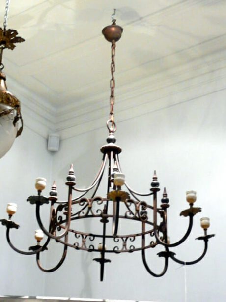 1940s French metal eight arm chandelier