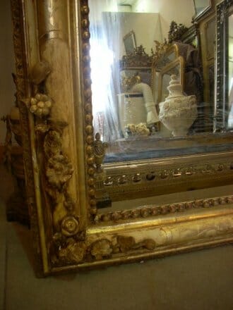 Antique Louis Philippe gold leaf mirror c.1840 with rose and foliate cartouche