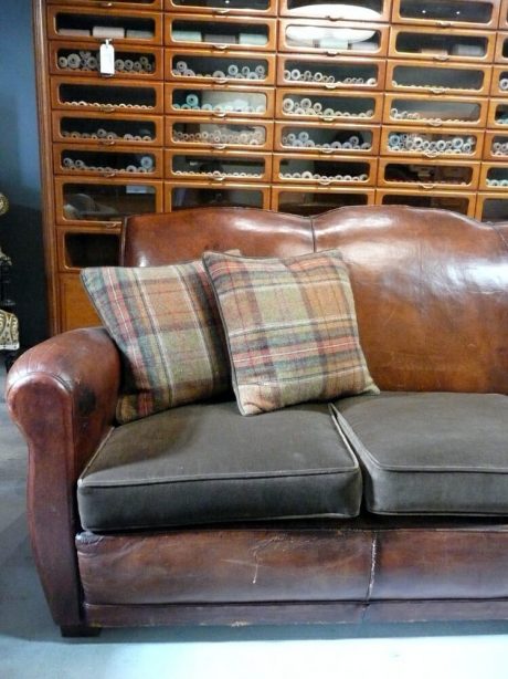 French 1940's leather sofa with new velvet cushions