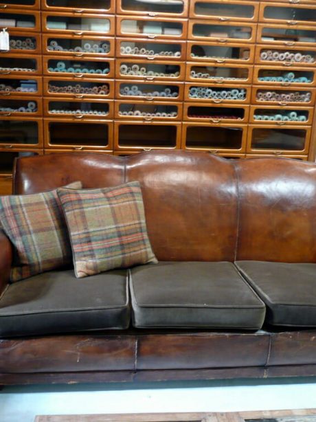 French 1940's leather sofa with new velvet cushions