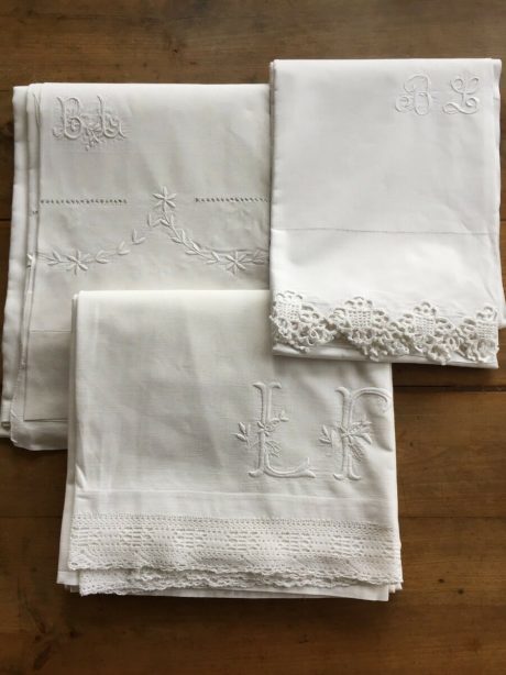Selection of Antique French linen Monogrammed Sheets c.1900