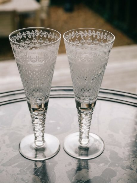 Pair of antique hand etched and cut crystal marriage glasses