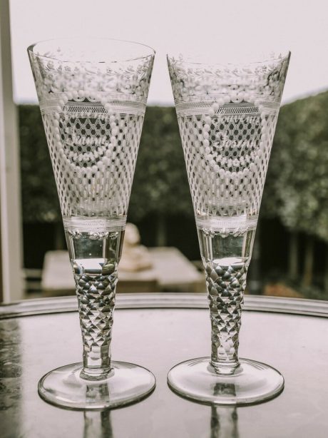 Pair of antique hand etched and cut crystal marriage glasses