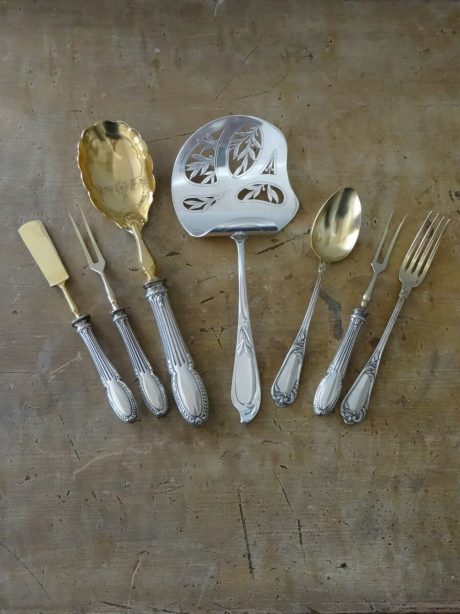 Antique French seven piece serving cutlery set in silver and vermeil