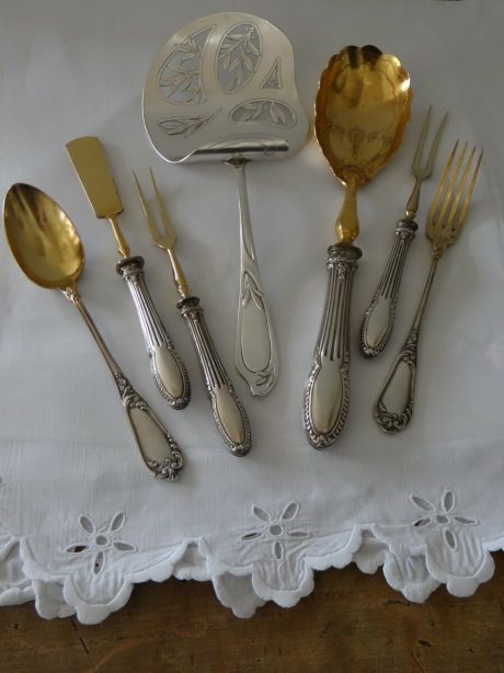 Antique French seven piece serving cutlery set in silver and vermeil