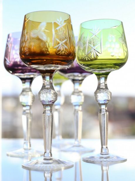Five Val St Lambert mid century double cut crystal wine glasses