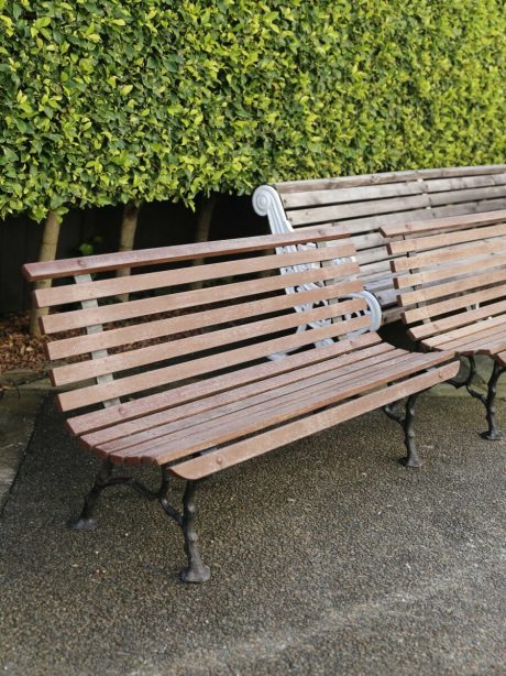 Elegant pair of French slatted garden benches c.1940