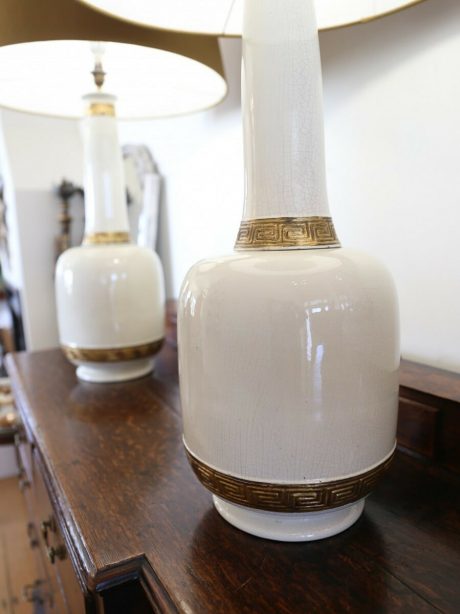 A pair of monumental 1960's crackle glazed pottery lamps