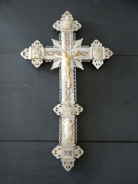 19th century mother of pearl ivory and olive wood crucifix c.1910