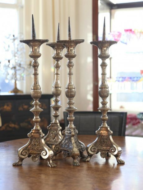 French silver plated brass pique-taper Baroque style altar candlesticks  c.1890