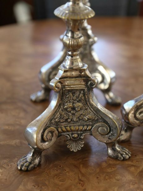 French silver plated brass pique-taper Baroque style altar candlesticks  c.1890