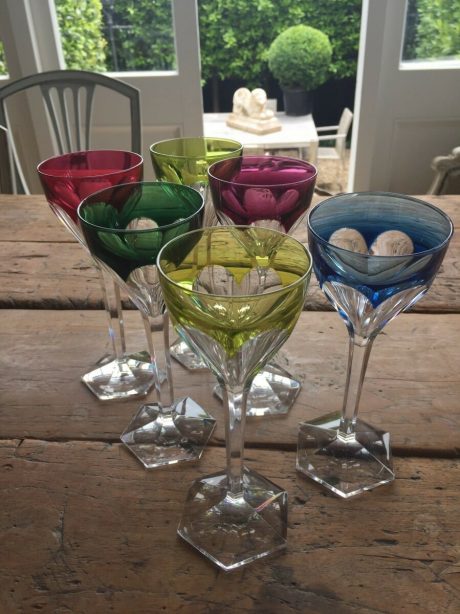 Set of six Val St Lambert Nestor design crystal wine glasses