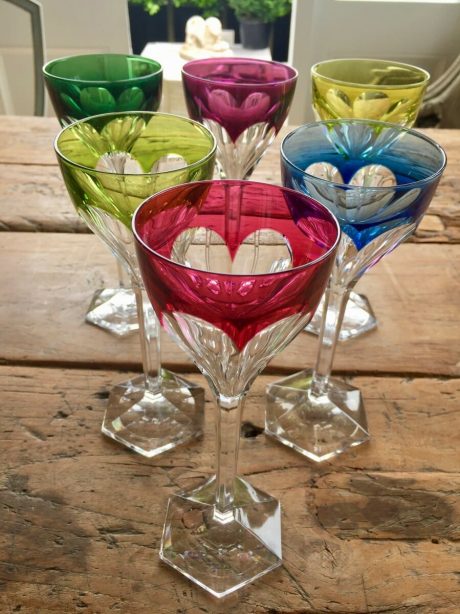 Set of six Val St Lambert Nestor design crystal wine glasses