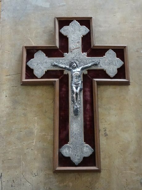 Framed antique engraved silver plated crucifix c.1870.