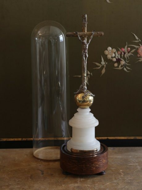 Antique French Crucifix under globe dated 1862