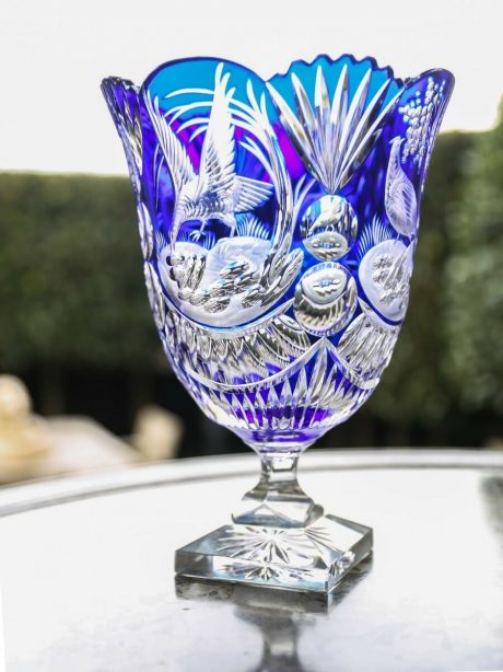 Bohemian cobalt blue crystal pedestal vase by Goldberg