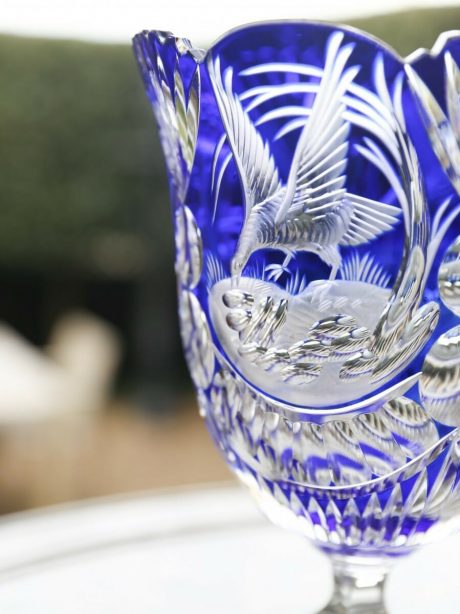 Bohemian cobalt blue crystal pedestal vase by Goldberg