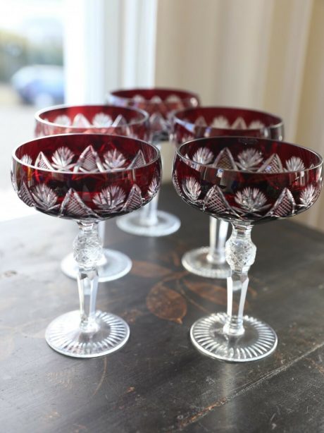 Val St Lambert Aubergine crystal Carafe with five coupes c.1940
