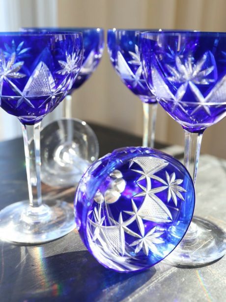 Five Val St Lambert cobalt blue cut to clear crystal wine glasses
