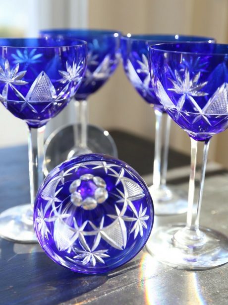 Five Val St Lambert cobalt blue cut to clear crystal wine glasses