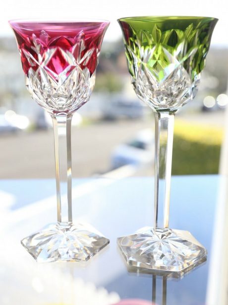 A Pair of VSL mid century aperitif glasses in cranberry and lime