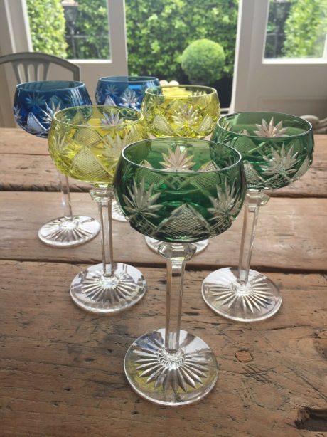 Set of six coloured cut to clear crystal Val St Lambert Berncastel wine glasses c.1950's