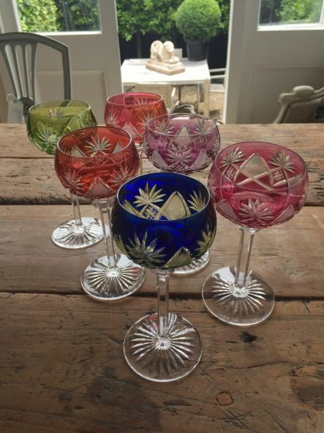 Six coloured cut to clear crystal Val St Lambert wine glasses