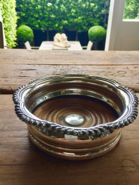 Old Sheffield Plate wine coaster with wooden base interior c.1860