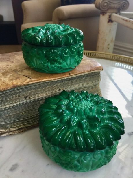 Pair of Czech Malachite green glass vanity bowls c.1930's