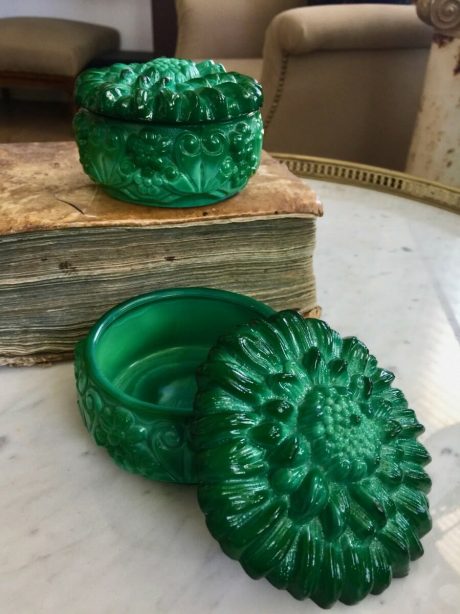 Pair of Czech Malachite green glass vanity bowls c.1930's
