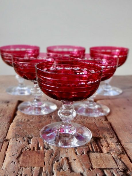 Set of six Val St Lambert cranberry champagne glasses