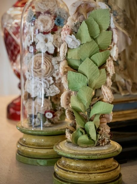 Pair of 19th century bouquets in silk fabric under hand blown domes c.1880