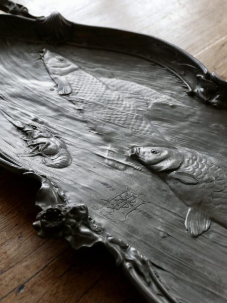 German Orivit Art nouveau pewter platter with fish decoration c.1898