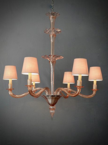 1940's six arm pink Murano chandelier