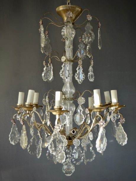 Mid century nine arm glass and brass chandelier