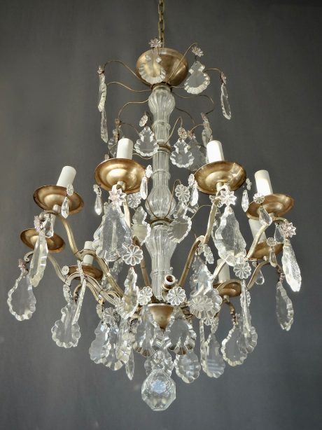 Mid century nine arm glass and brass chandelier