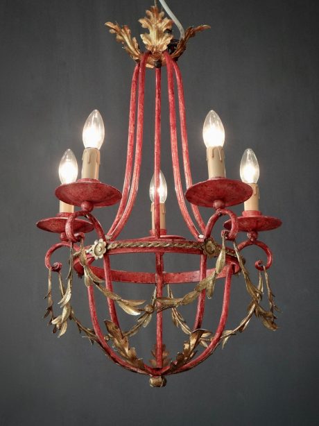 1940's painted red and gilded Iron chandelier c.1940