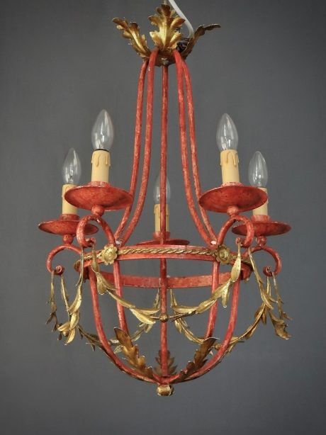 1940's painted red and gilded Iron chandelier c.1940